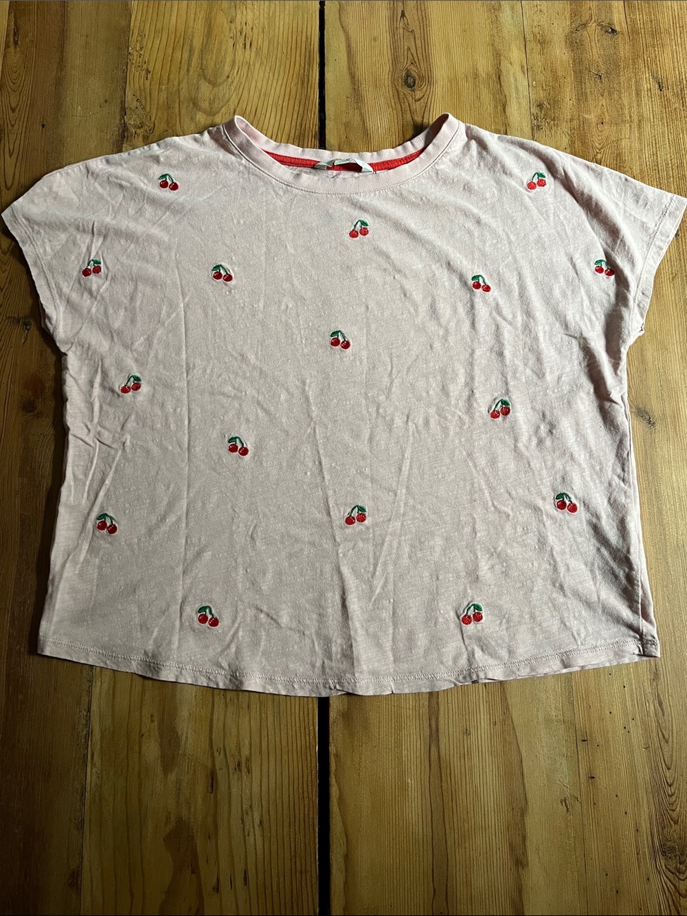 BODEN 6 Pink Cherries Cherry Embroidered Slub Tee
